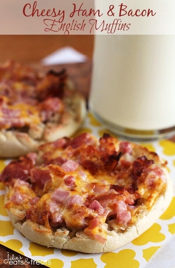 Cheesy Ham & Bacon English Muffins ~ Super Easy Breakfast for Mornings on the Go! English Muffin Loaded with Cheese, Ham & Bacon!