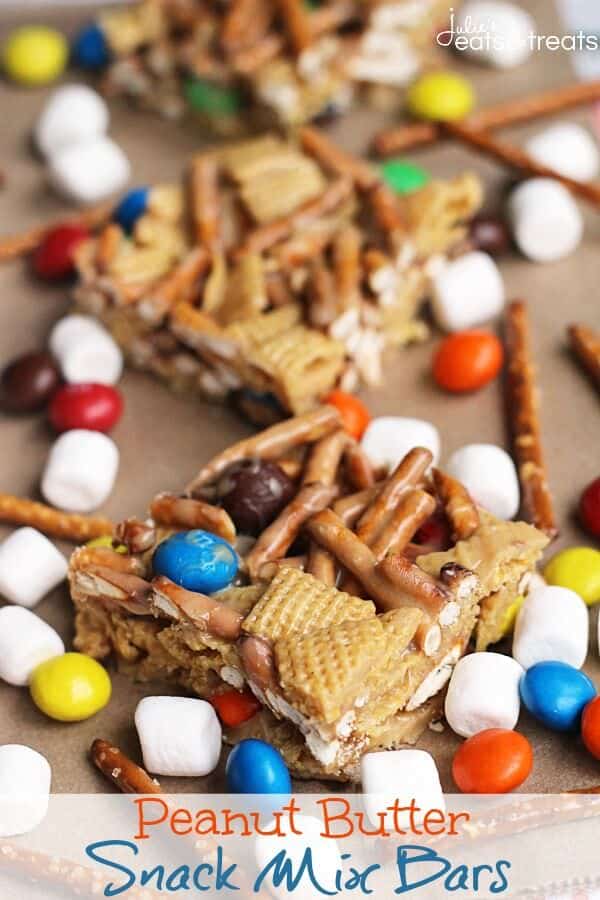 No Bake Peanut Butter Bars Recipe full of Chex Mix, Pretzels and Peanut Butter M&M'S