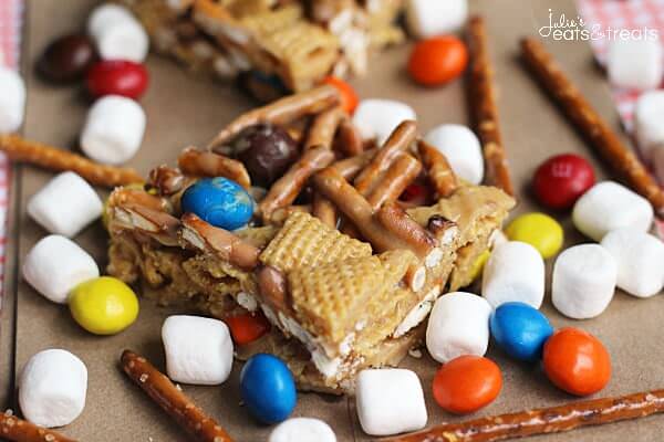 One of the easiest snack mix recipes with pretzel sticks, Corn Chex and Peanut Butter M&M's. No Bake Peanut Butter Bars Recipe