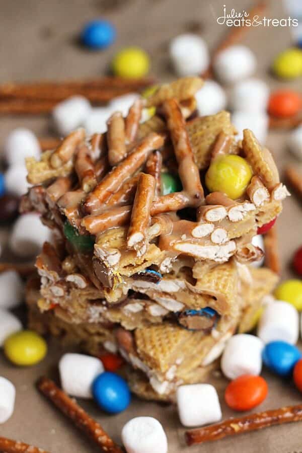 Peanut Butter Bars Recipe ~ Loaded with Chex, Pretzels and Peanut Butter M&M'S! Your Favorite snack mix recipes!