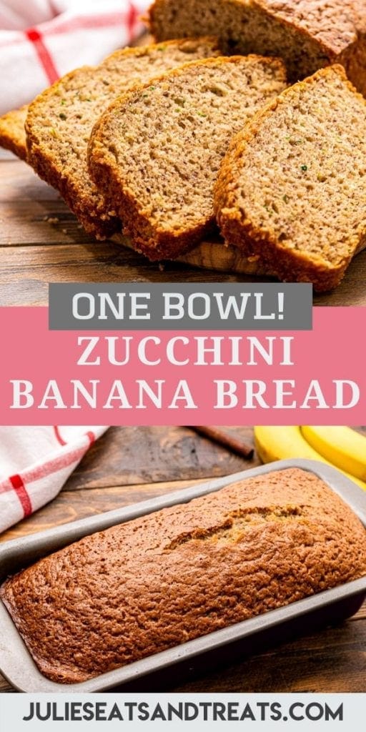 Pinterest image for Zucchini Banana bread with the top image being slices of bread, text overlay of recipe name in middle and bottom image of a loaf in a pan.