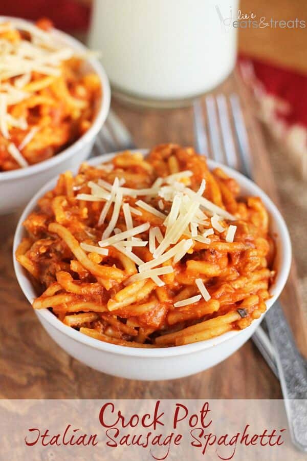Crock Pot Italian Sausage Spaghetti ~ Creamy Spaghetti Loaded with Spicy Italian Sausage!