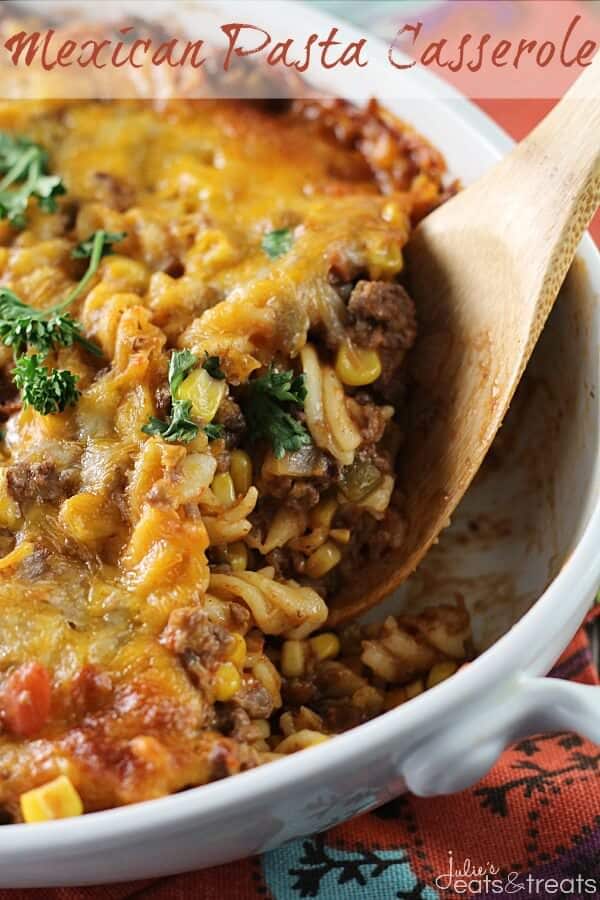 Mexican Pasta Casserole ~ Easy Casserole Loaded with Pasta, Beef, Salsa, Corn and Mexican Cheese!