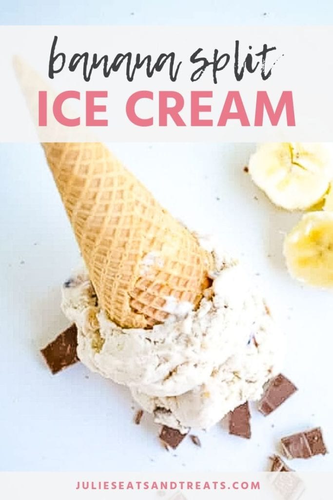 banana split ice cream in a cone on a white surface with chocolate and bananas