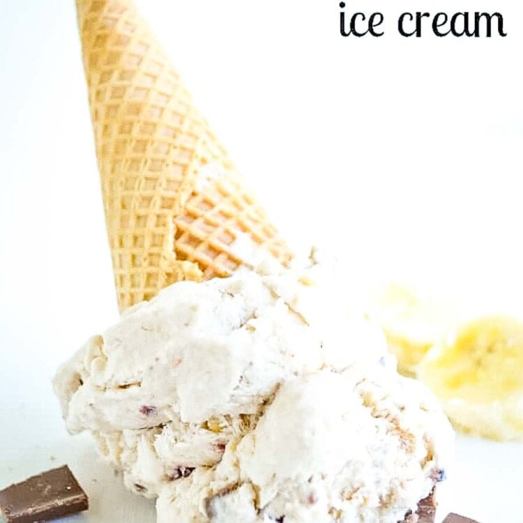 banana split ice cream in a cone upside down on the counter with chocolate chunks and banana slices