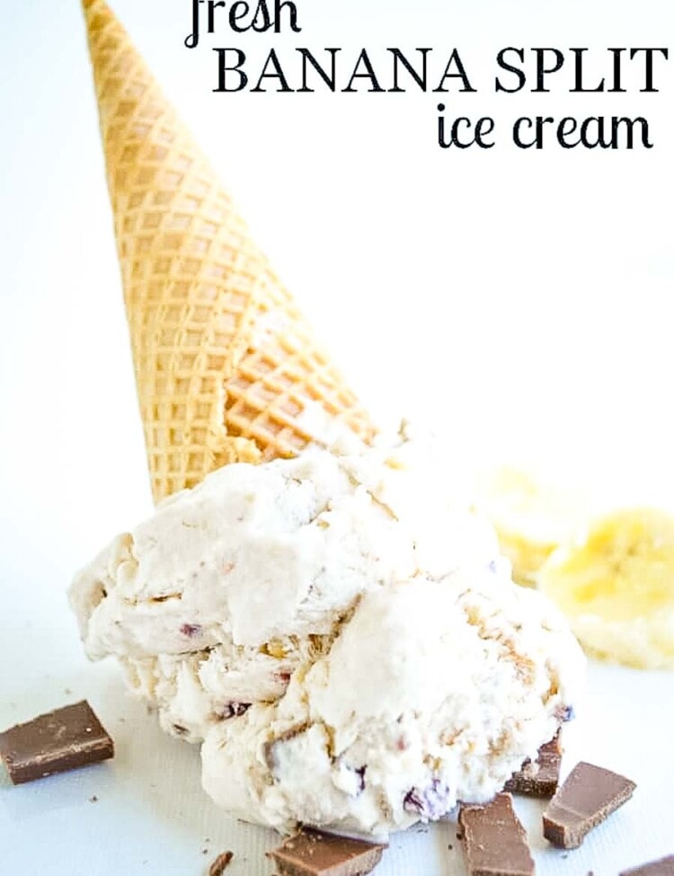 banana split ice cream in a cone upside down on the counter with chocolate chunks and banana slices