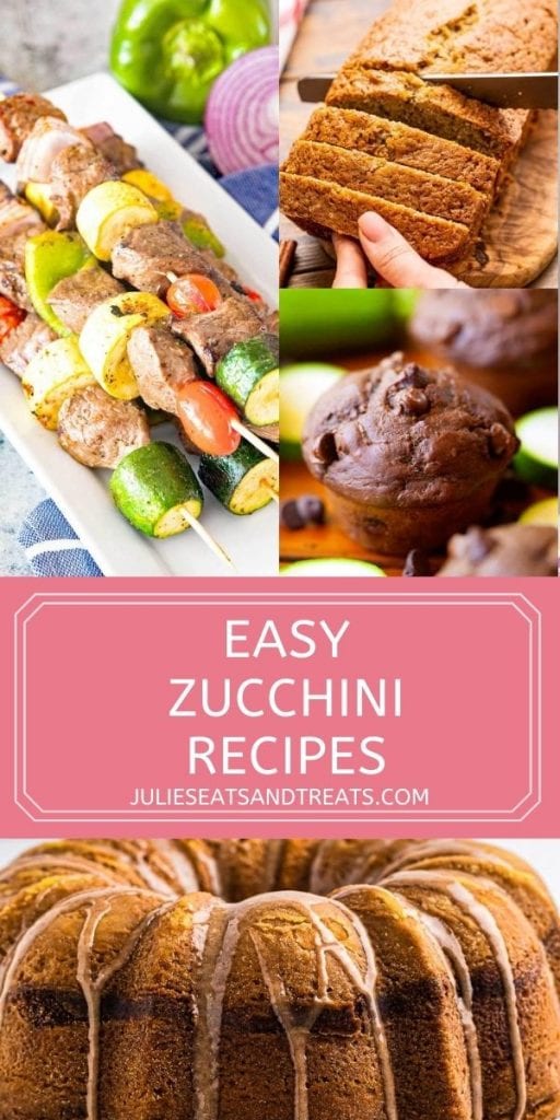 Pin Image for Zucchini Recipes with three images on top of recipes, text overlay in a pink rectangle and then another image of zucchini bundt cake below.