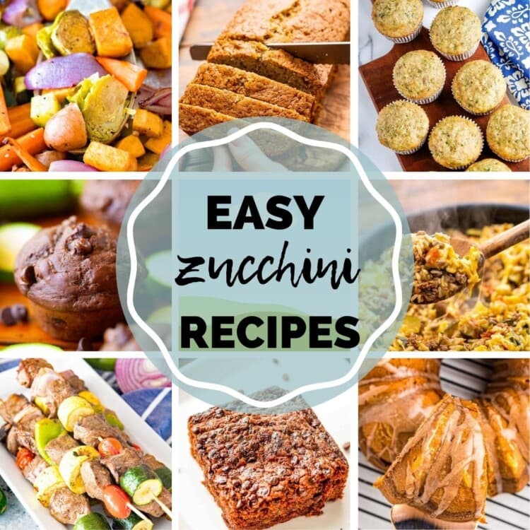 Square Collage for Zucchini Recipes with images of recipes in square and the middle has a text overlay with Easy Zucchini Recipes