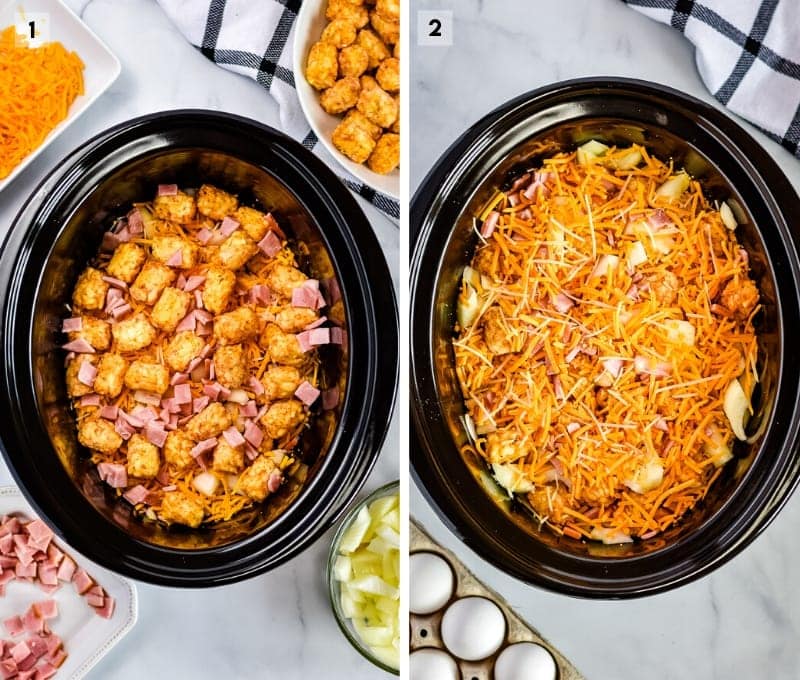 Collage of two photos showing ingredients in crock pot