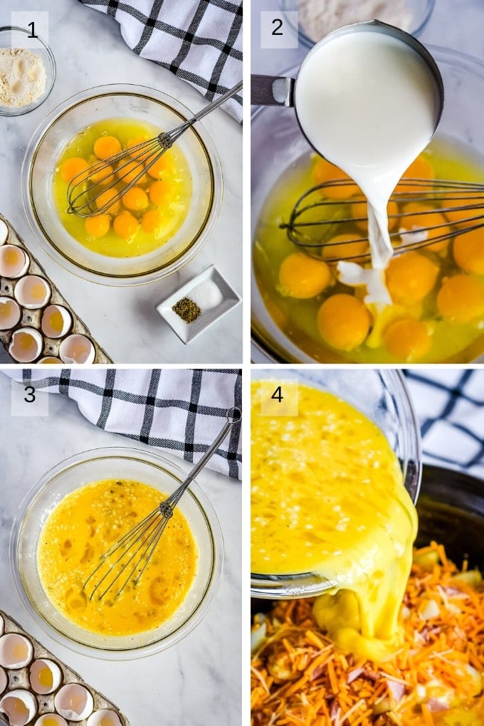 Collage of four images showing mixing of eggs and pouring into crock pot