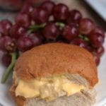 Easy cheesy chicken sandwich on a white plate with grapes