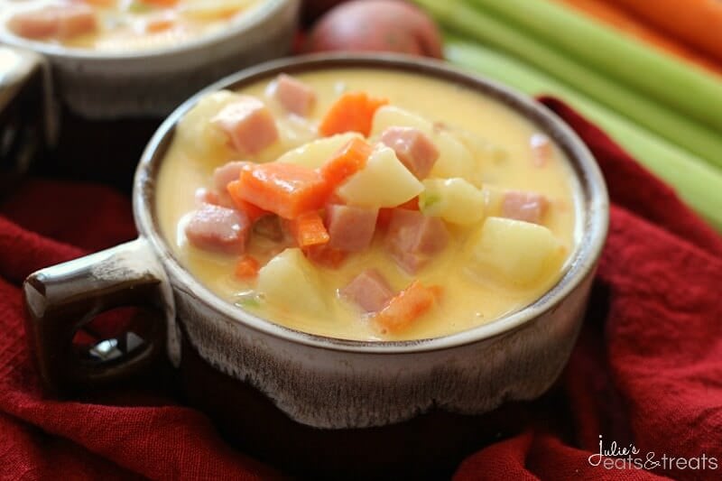 Cheesy Chowder ~ Incredibly Easy Cheesy Chowder Loaded with Carrots, Potatoes, Celery and Ham!