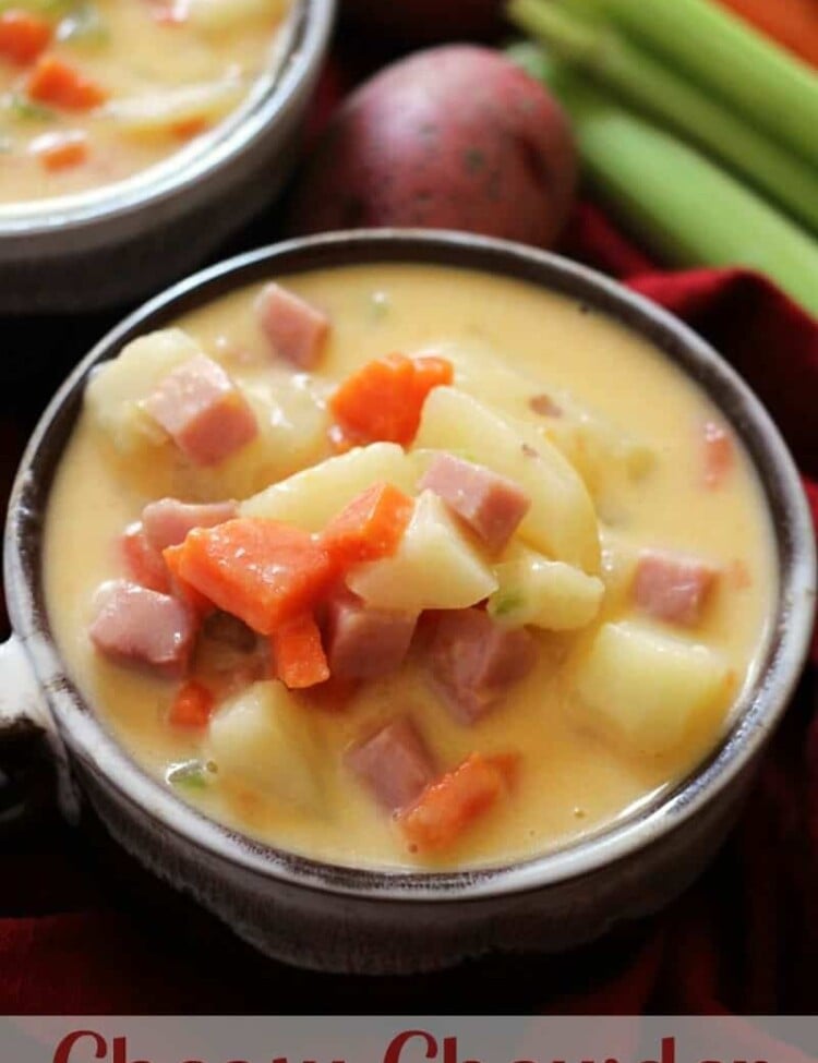 Cheesy Chowder ~ Incredibly Easy Cheesy Chowder Loaded with Carrots, Potatoes, Celery and Ham!