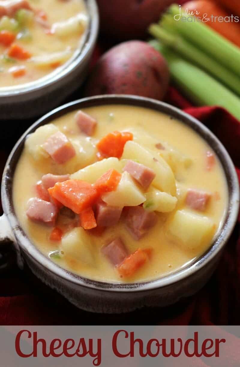 Cheesy Chowder ~ Incredibly Easy Cheesy Chowder Loaded with Carrots, Potatoes, Celery and Ham!