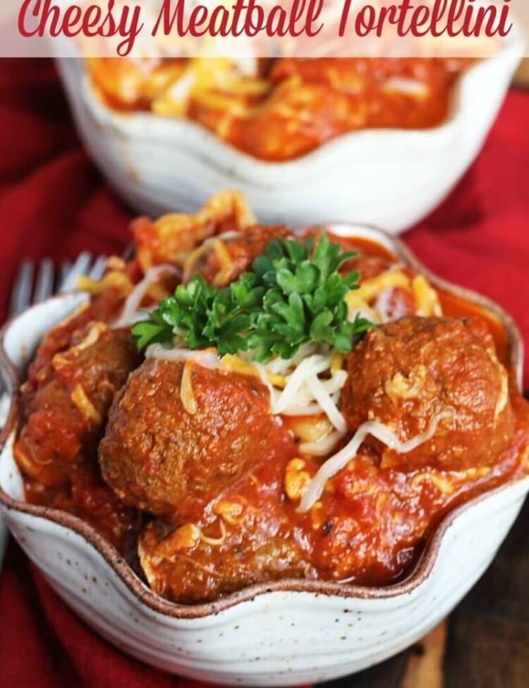 Crock Pot Cheesy Meatball Tortellini ~ Easy Dinner Perfect for a Busy Weeknight! Cheesy Tortellini Loaded with Meatballs in Spaghetti Sauce!