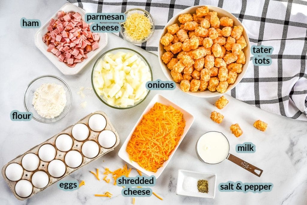 Overhead image of ingredients to make egg bake eggs milk ham onions tater tots cheese and more