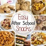 Eight photos of snacks in a square with a white circle containing text reading easy after school snacks