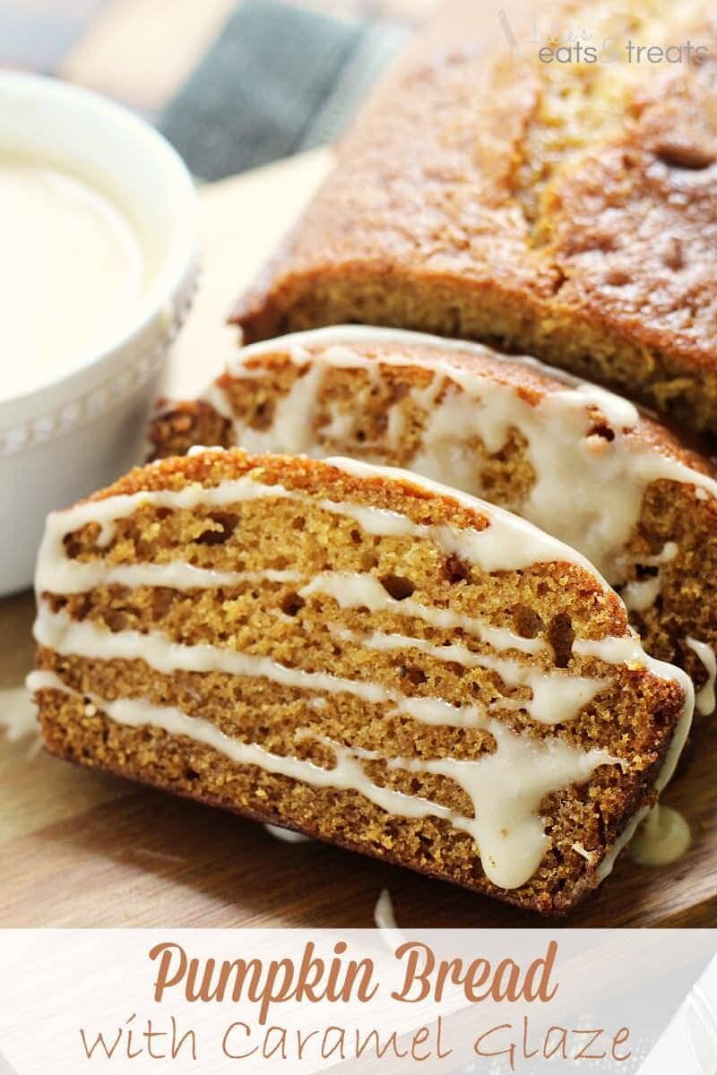 Pumpkin Bread Recipe with Caramel Glaze ~ moist slices of pumpkin bread drizzled with glaze.