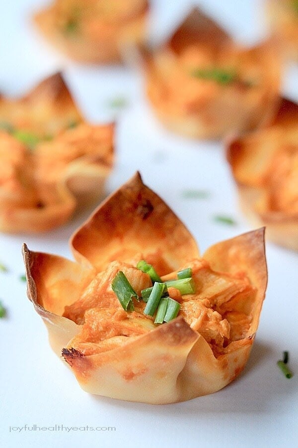 Skinny Buffalo Chicken Wonton Cups ~ Your favorite Buffalo Dip in "skinny" form and all packed inside a crispy wonton wrapper! 