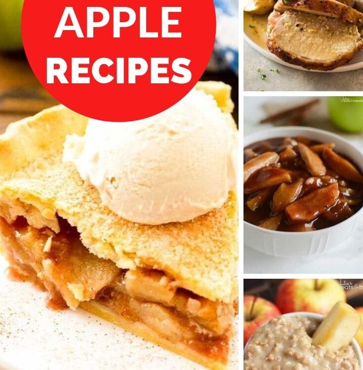 Collage with larger left image of apple pie with ice cream on top, three smaller images on the right of pork loin, cinnamon apples, and oatmeal, and a red circle in the top left corner with white text reading easy apple recipes.