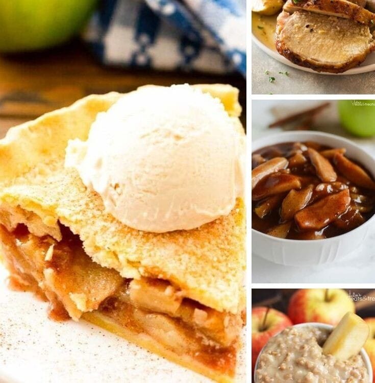collage with larger left image of apple pie with ice cream on top and smaller right images of apple pork loin, cinnamon apples, and apple oatmeal.