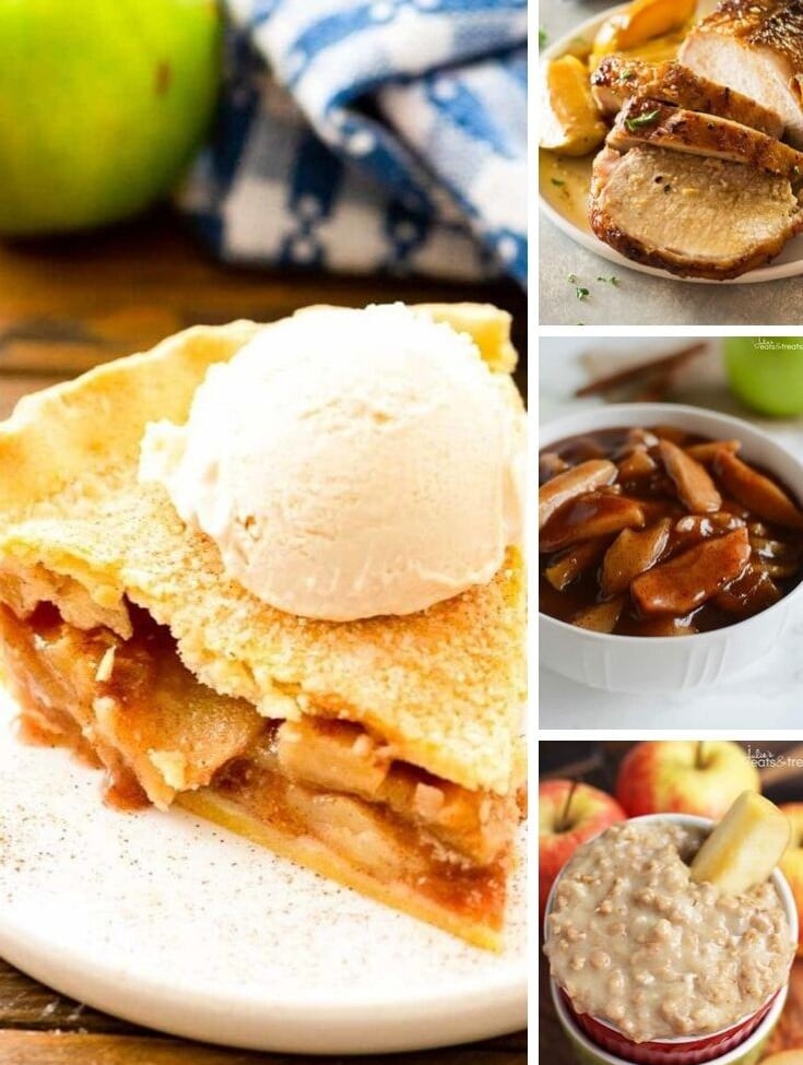 collage with larger left image of apple pie with ice cream on top and smaller right images of apple pork loin, cinnamon apples, and apple oatmeal.