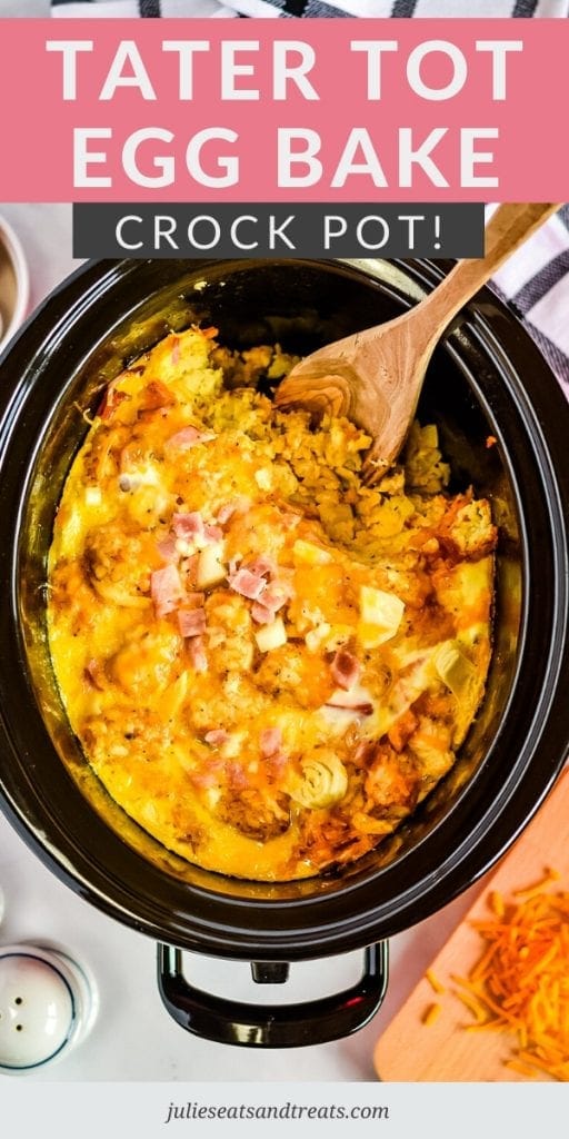 crock pot tater tot egg bake with a wooden spoon
