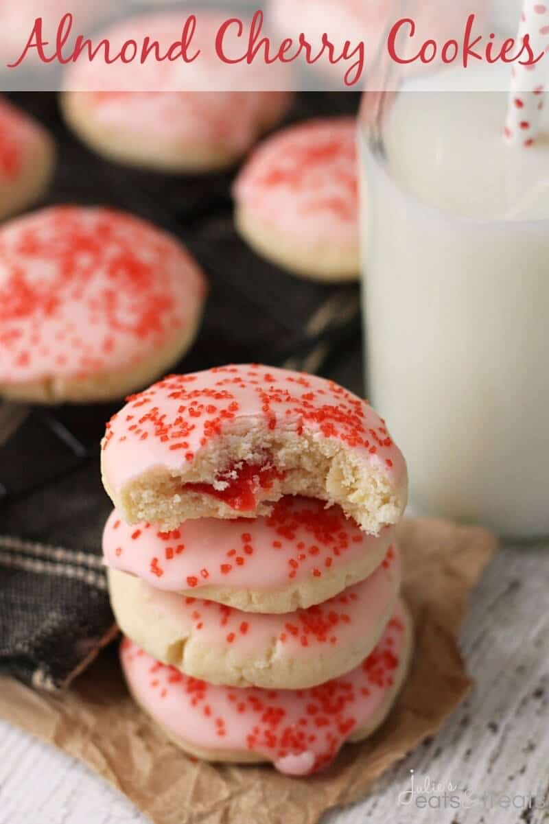 Almond Cherry Cookies ~ Soft, Delicious Almond Cookies Glazed in Cherry Frosting with a Surprise Cherry in the Middle! Perfect Christmas Cookie to Treat Everyone!
