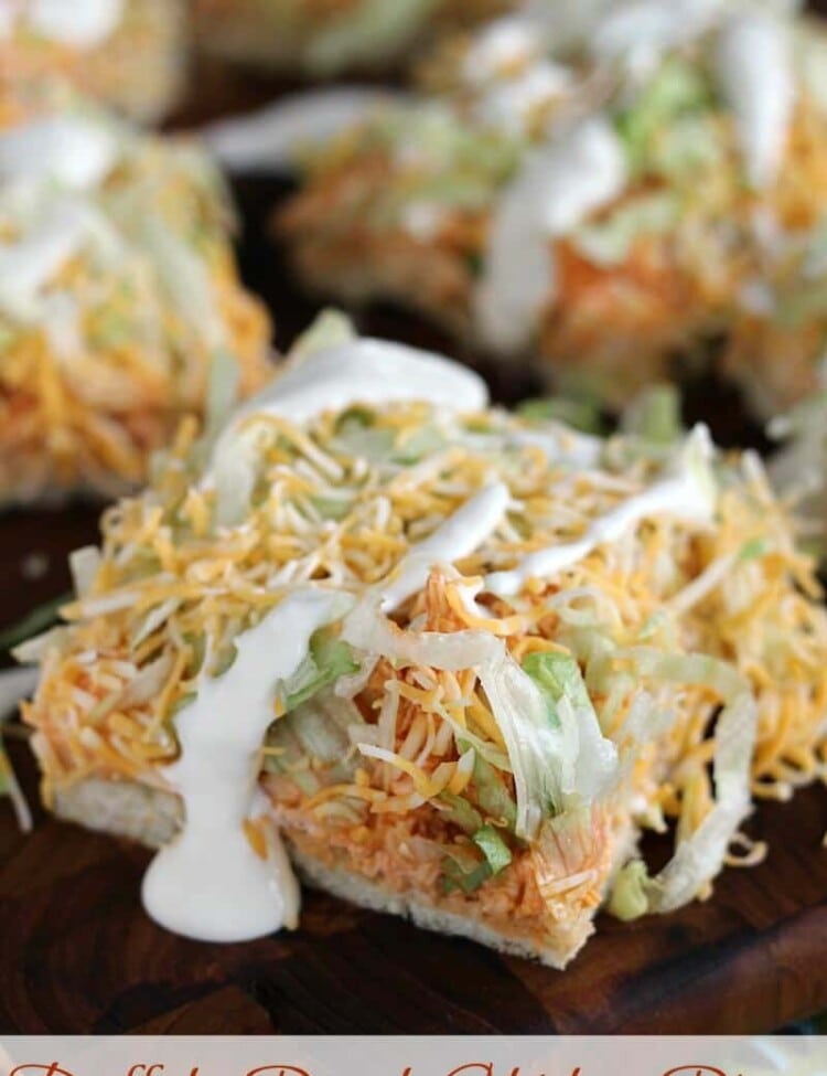Buffalo Ranch Chicken Pizza ~ Flaky Crescent Rolls Piled with Cream Cheese, Buffalo Chicken, Lettuce, Cheese and Blue Cheese Dressing!