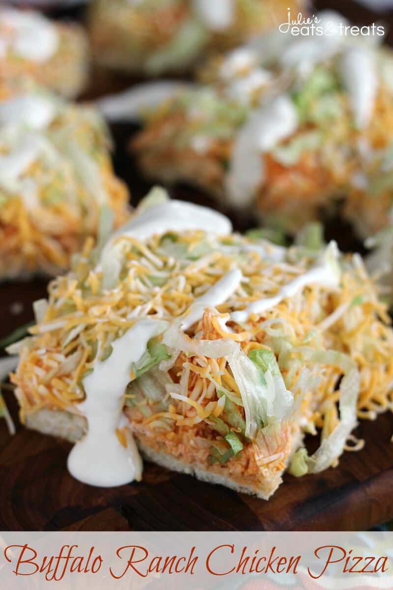 Buffalo Ranch Chicken Pizza ~ Flaky Crescent Rolls Piled with Cream Cheese, Buffalo Chicken, Lettuce, Cheese and Blue Cheese Dressing!