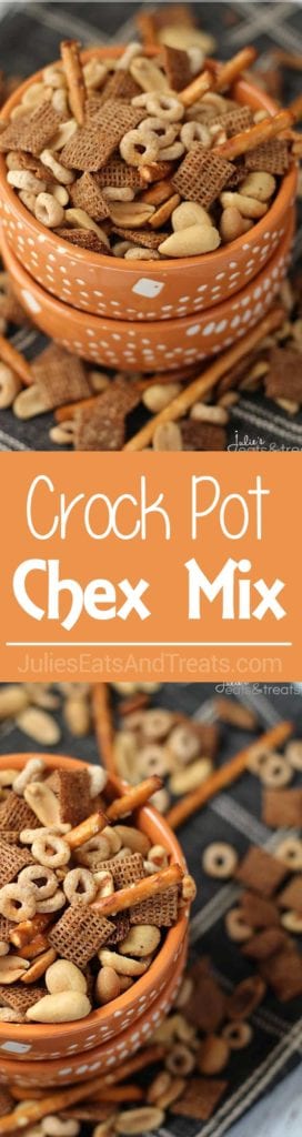 Long collage with two images of chex mix in an orange bowl and a center banner with text reading crock pot chex mix