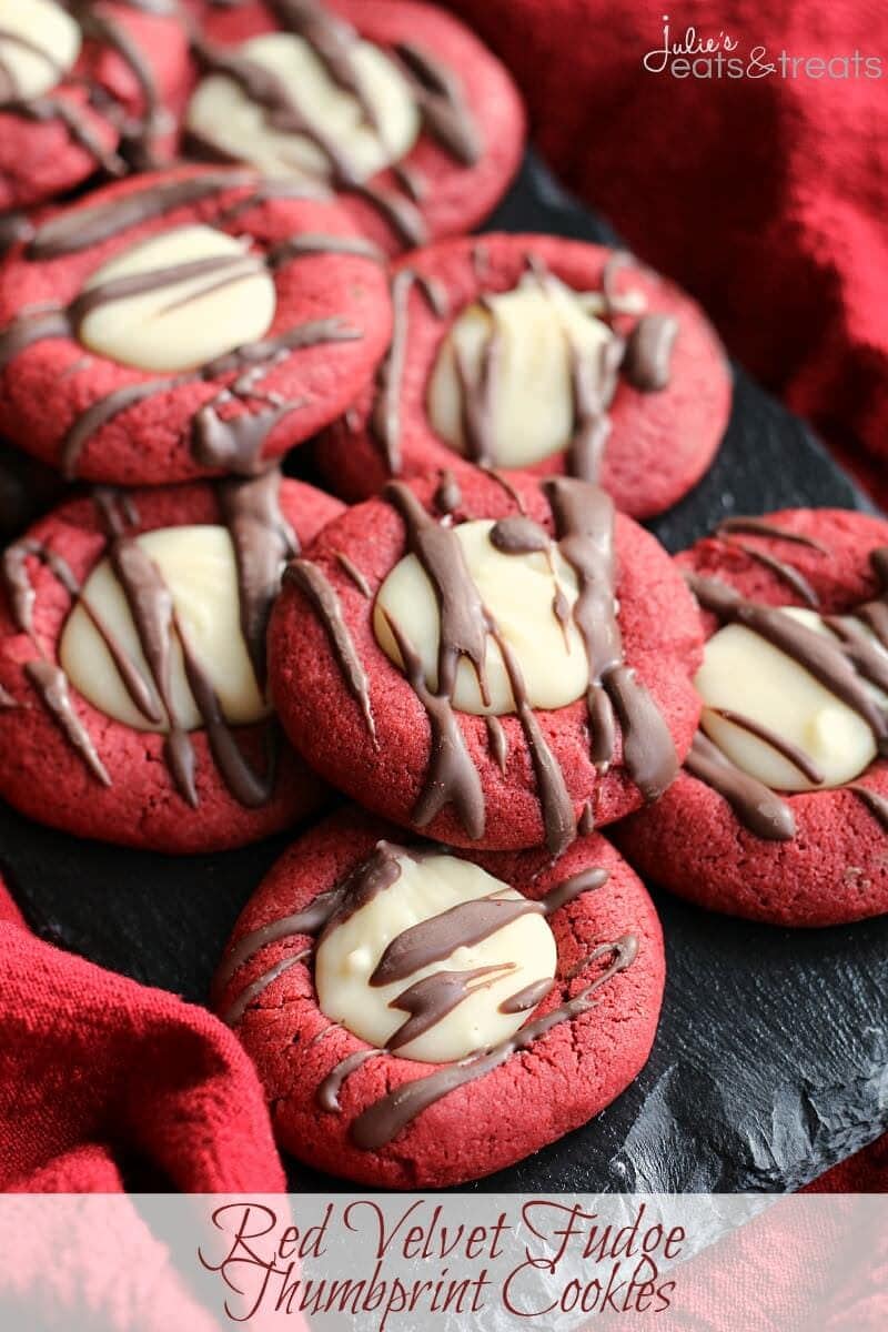 Red Velvet Fudge Thumbprint Cookies ~ Soft, Chewy Red Velvet Cookies Filled with White Chocolate Fudge and Drizzled with Chocolate!