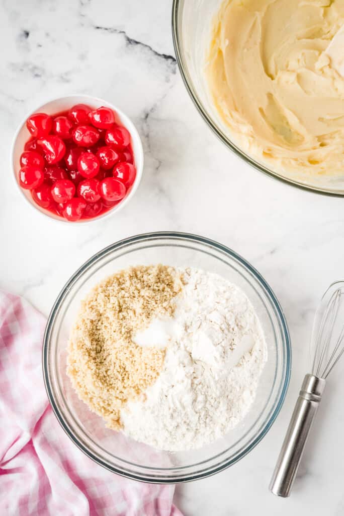 Mixing bowl with flour, salt and ground almonds