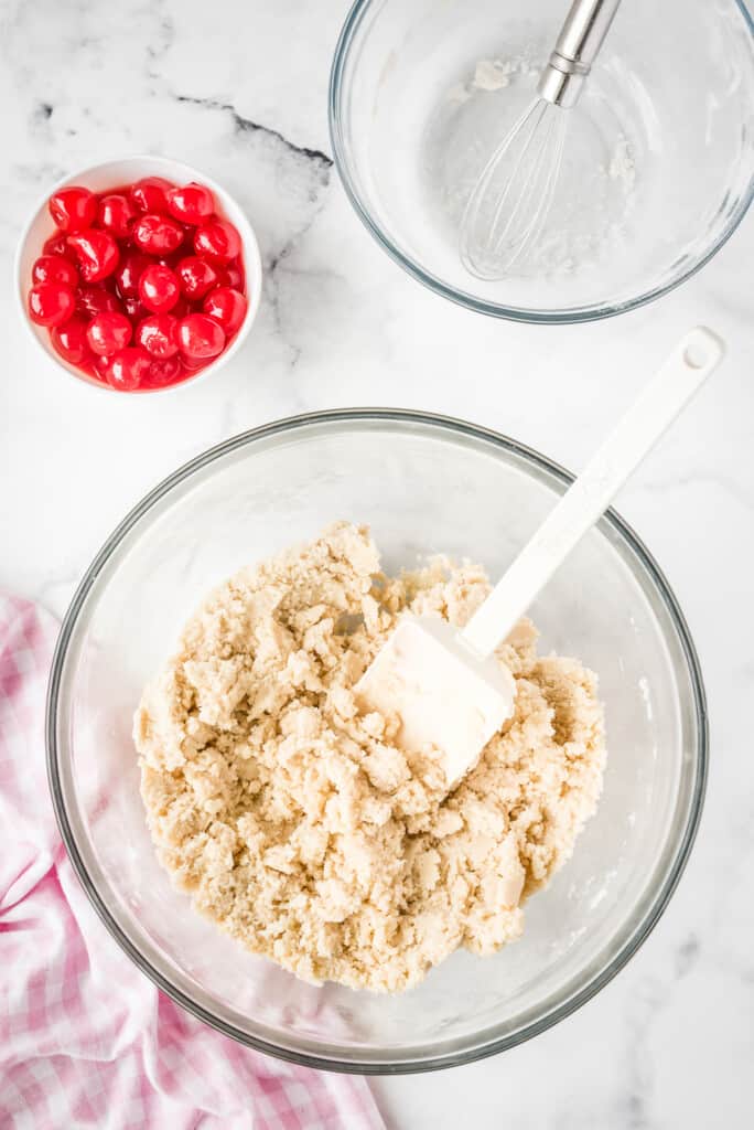 Mixing bowl with wet and dry ingredients combined