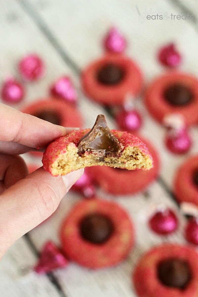 Valentine Caramel Kiss Peanut Butter Blossoms ~ Soft Peanut Butter Cookies with a Caramel Filled Kiss Rolled in Pink Sugar!
