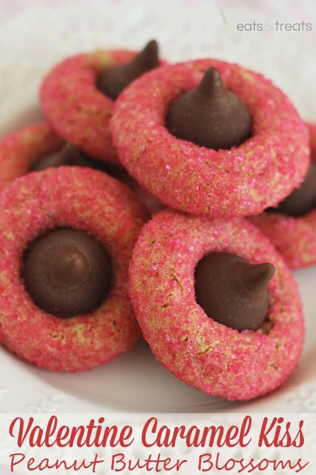 Valentine Caramel Kiss Peanut Butter Blossoms ~ Soft Peanut Butter Cookies with a Caramel Filled Kiss Rolled in Pink Sugar!
