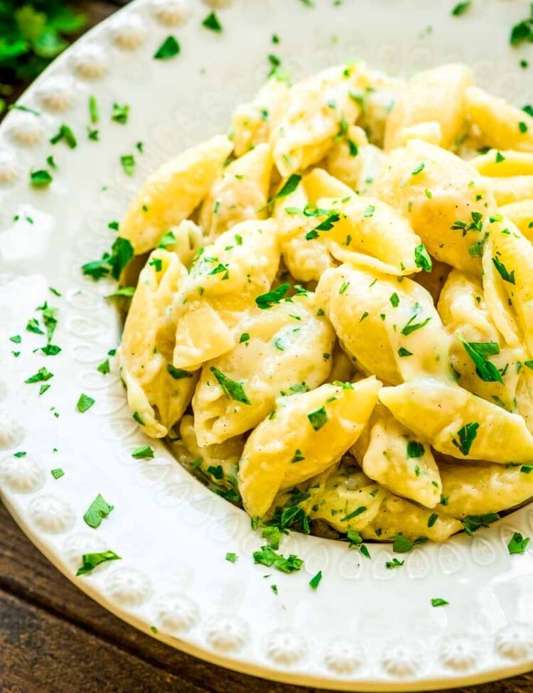 Cheesy garlic butter shell noodles in a white bowl topped with parsley