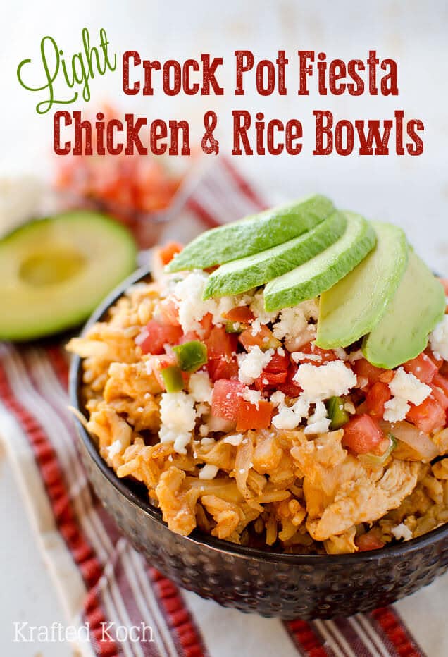 Light Crock Pot Fiesta Chicken & Rice Bowls ~ Loaded with chicken, brown rice and pico de gallo for a healthy dish you can throw in your slow cooker for an easy and delicious meal!