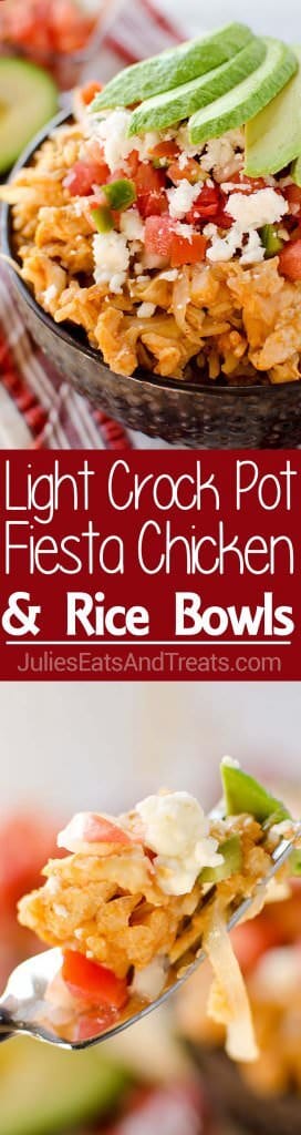 Light Crock Pot Fiesta Chicken & Rice Bowls loaded with chicken, brown rice and pico de gallo for a healthy dish you can throw in your slow cooker for an easy and delicious meal!