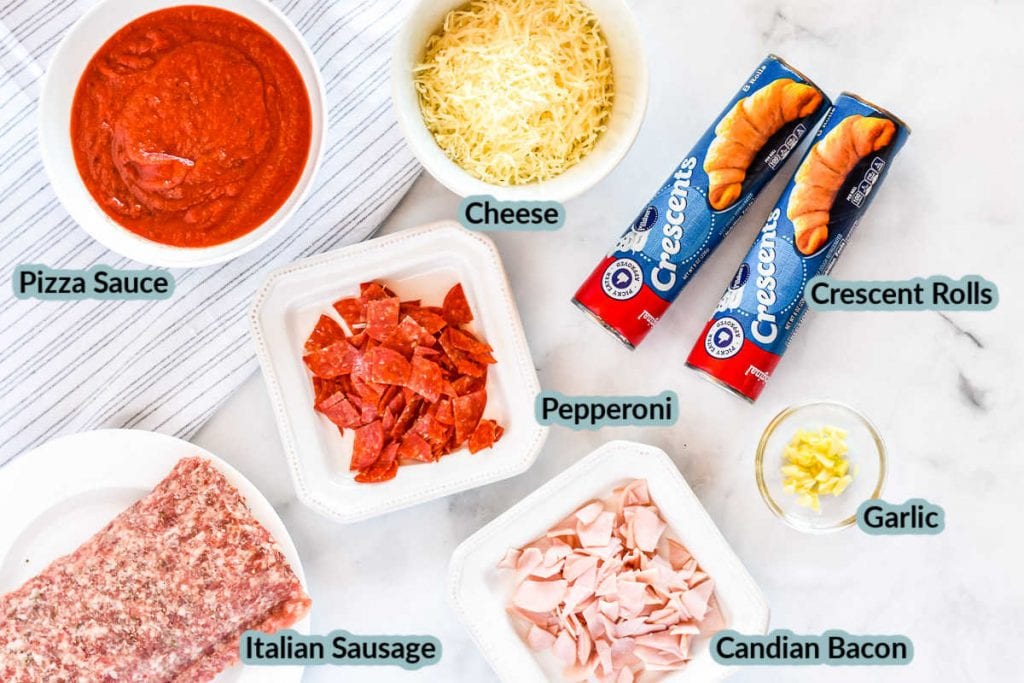 Overhead image showing ingredients to prepare pizza ring