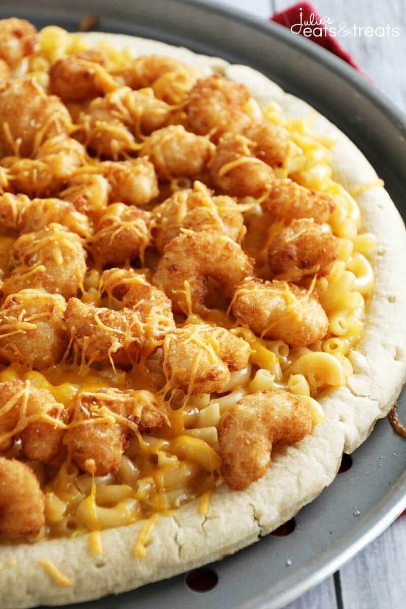 Shrimp Macaroni and Cheese Pizza ~ Easy & Delicious Cheesy Macaroni and Cheese on a Pizza Crust and Topped with Popcorn Shrimp!