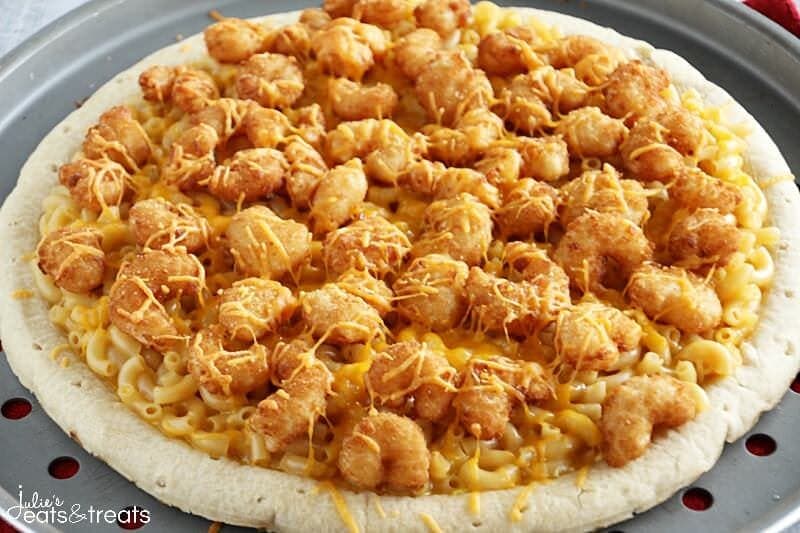 Shrimp Macaroni and Cheese Pizza ~ Easy & Delicious Cheesy Macaroni and Cheese on a Pizza Crust and Topped with Popcorn Shrimp!