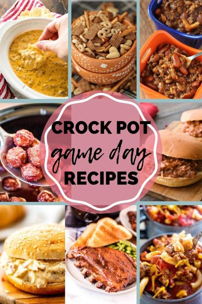 Crock Pot Game Day Recipes Pin Image with text overlay in middle of title and rectangle images surrounding it of recipe images