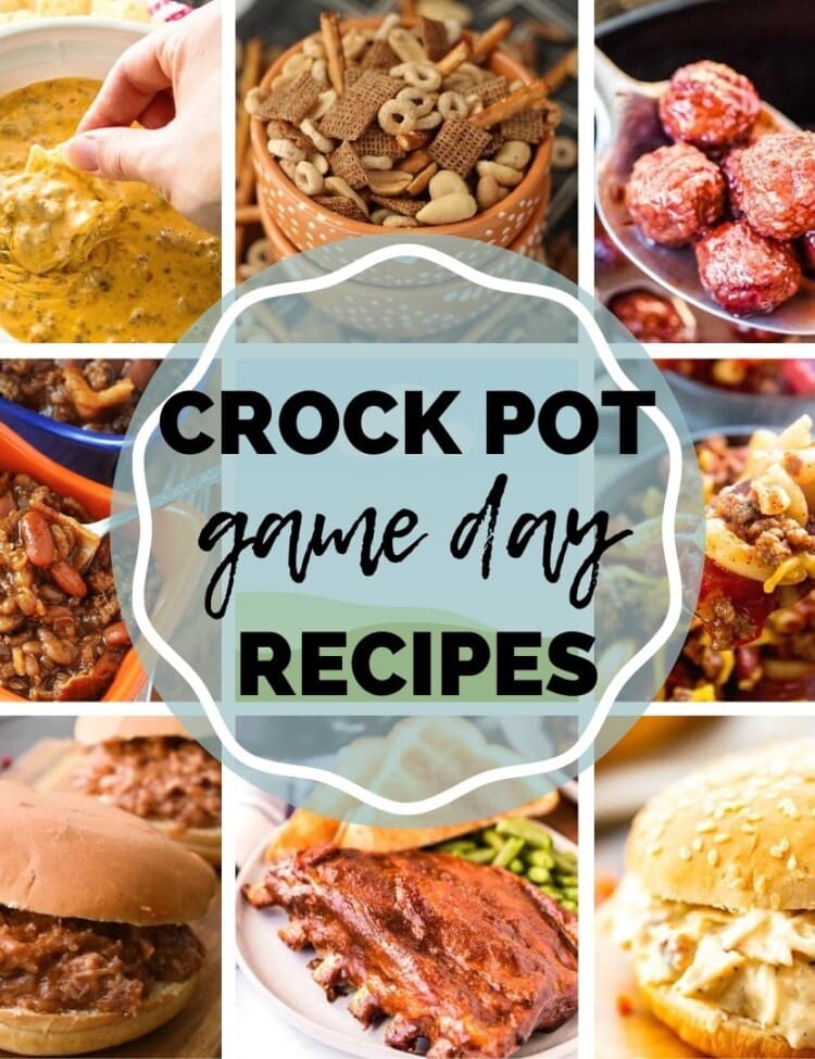 Crock Pot Game Day Recipes Pin Image with text overlay in circle in middle. Square images surrounding the text.