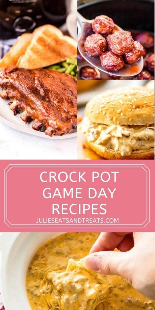 Crock Pot Game Day Recipes with three images on top of recipes, then a text overlay below and a photo below it of dip.