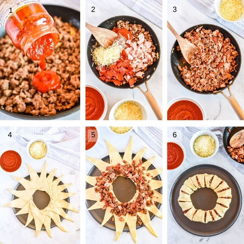 Collage of six photos showing how to make pizza ring