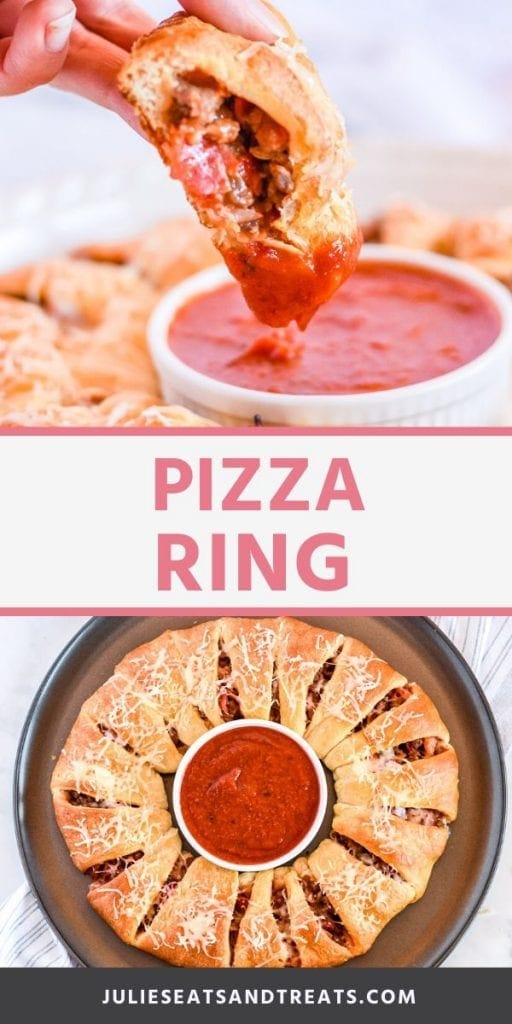 Pinterest Collage for Pizza Ring. Top image of a hand dunking a piece of pizza into marinara sauce, bottom image of a pizza ring with a bowl of marinara in the center on a pizza pan