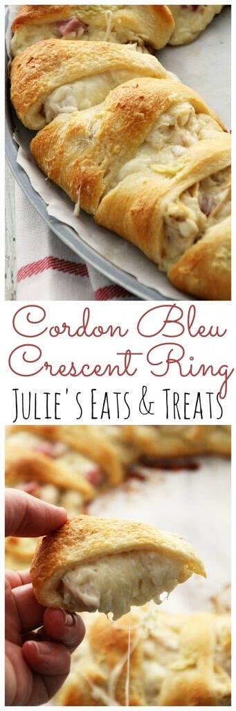 Cordon Bleu Crescent Ring ~ Flaky Crescent Rolls Stuffed with Swiss Cheese, Ham, Chicken and Topped with Garlic Butter! Quick & Easy Dinner!