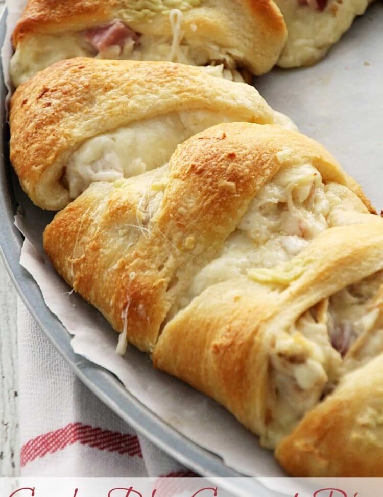 Cordon Bleu Crescent Ring ~ Flaky Crescent Rolls Stuffed with Swiss Cheese, Ham, Chicken and Topped with Garlic Butter! Quick & Easy Dinner!