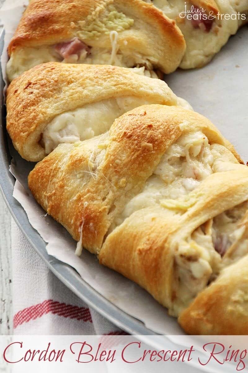 Cordon Bleu Crescent Ring ~ Flaky Crescent Rolls Stuffed with Swiss Cheese, Ham, Chicken and Topped with Garlic Butter! Quick & Easy Dinner!